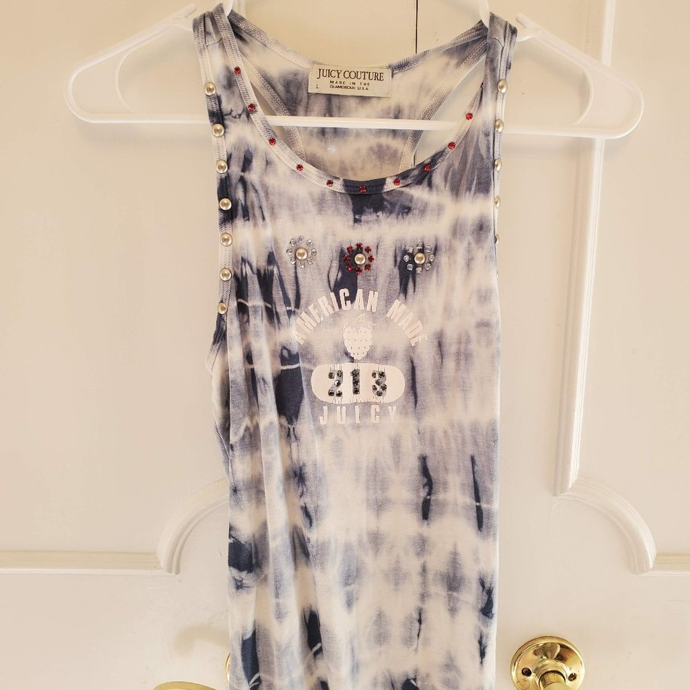 Juicy Couture Vintage Navy and White Tie-dye Bedazzled Halter Tank Top Girls L